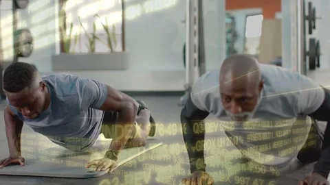 Left man leading right man mirroring kneeling pushups and reaches for fitness Stock Footage 332566649