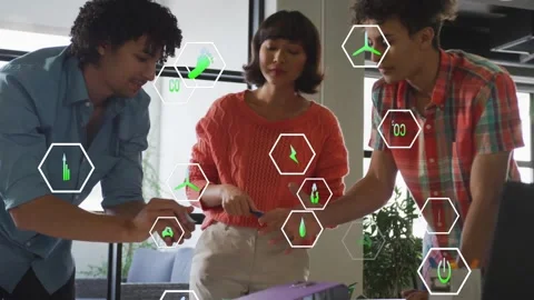 Left man opening purple folder pulling sheet while team reviewing docs AR icons Video stock 330894919