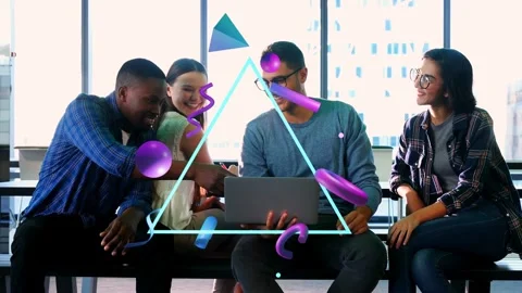 Left man pointing at laptop, team leaning, cyan triangle and purple 3D shapes Stock Footage 333019623