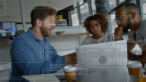 Left man pointing at laptop, team leaning in, analyzing, animated data overlays Stock Footage 335317509