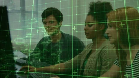 Left man reaching mouse, center woman taking keyboard control, HUD grid guiding Stock Footage 321783350