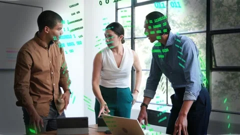 Left man reaching tablet starting green tech UI, center woman pointing laptop Stock Footage 333719944