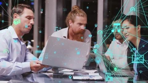 Left man showing laptop, team working on tech, reviewing docs, teal icons Stock Footage 333911004