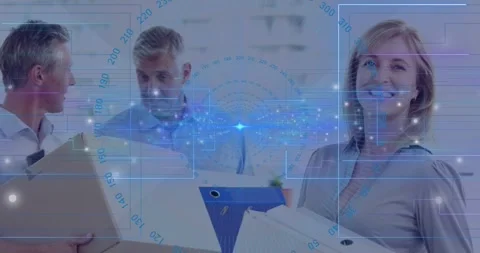 Left man starting sorting files in office, center man reviewing binder while HUD Stock Footage 330297255