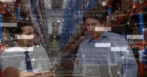 Left man tapping box right man using laptop updating warehouse with overlay Video stock 329899665