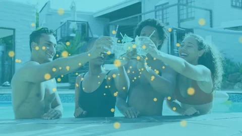 Left man touching glasses, group celebrating clinking at pool, crypto network Stock Footage 333193303