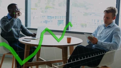 Left man typing on laptop, driving green graph moving over table while peer Vídeo Stock 334729317