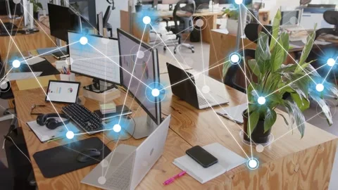 Left node appearing initiating network overlay, linking laptops and devices, Video stock 334768782