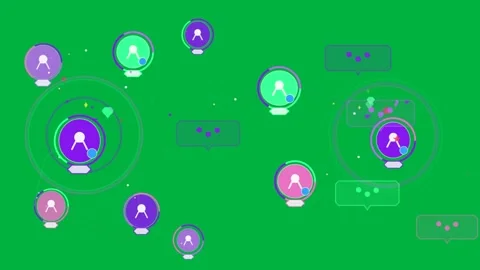 Left node emitting rings, lighting links and filling bubbles with icons, showing 動画素材 333972190
