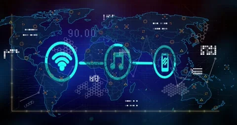 Left node pulsing forming 3-node network with music and phone, showing tech data 스톡 동영상 330426522