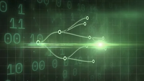 Left node starting horizontal band network pulsing lines shifting nodes lighting Vidéo 334337799