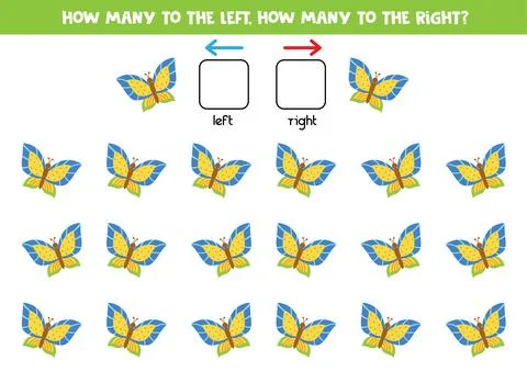 Left or right with cute butterfly. Logical worksheet for preschoolers. Stock Illustration