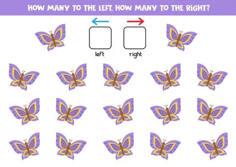 Left or right. Spatial orientation for kids. Cartoon butterfly. Stock Illustration