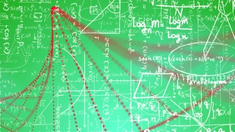 Left origin emitting red dots, green math board plotting clusters into layered Stock Footage 335211702