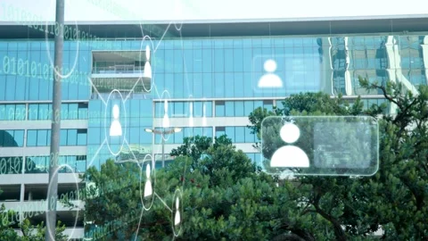 Left overlays appearing, network nodes fading, linking, pulsing, showing Stock Footage 333670560