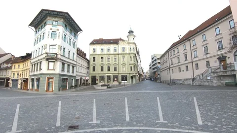 Left pan empty Preseren main square on workday. Covid-19 lockdown 2020 Video stock 127741943