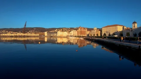 Left pan old Trieste port buildings in Trieste, Italy Stock Footage 122364436