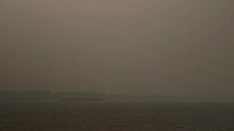 Left Pan Shot of Smoke Immersed Verrazano Bridge. Bay Ridge Brooklyn. Stock Footage 243228716