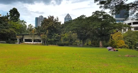 Left pan view of public sitting place in HortPark Stock Footage 285328576