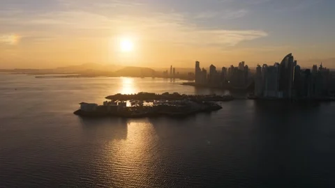 Left Panning Drone Shot of Panama City Marina and Downtown Skyline at Sunset Video stock 334100233