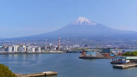 Left panning shot of Mt. Fuji and Tagonoura Port Stock Footage 334679313