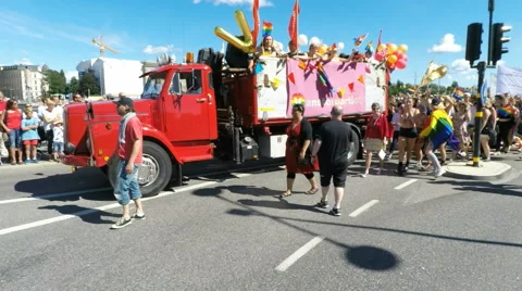 Left Party float at Gay pride parade in Stockholm Stock Footage 53375998
