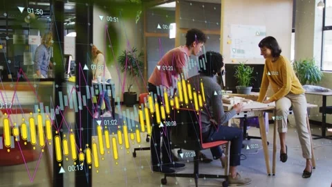 Left peer leaning and pointing urging seated worker moving tablet for finance Stock Footage 333287186