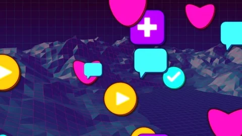 Left play button entering, icons floating up and forward, scaling into dense Stock Footage 331833239