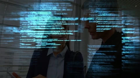 Left pro tapping tablet while peer leaning, blue data overlay growing over them Stock Footage 334182903