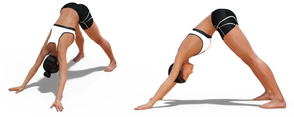 Left Profile and Front Three-quarters Poses of Woman in Yoga Downward Facing Dog Stock Illustration