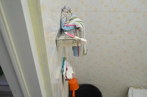 Left Profile High Angle Perspective of Bathroom Storage and Hygiene Stock Photos