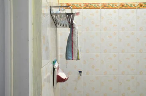 Left Profile View of Bathroom Wall Organizers and Dental Supplies Stock Photos