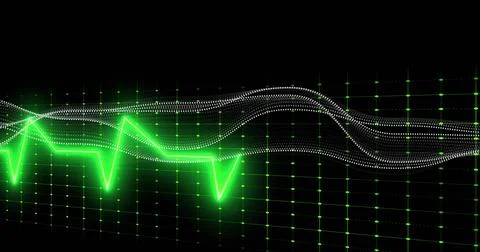 Left pulse sparking neon ECG waveform across nodal grid with dotted ribbons Stock Illustration