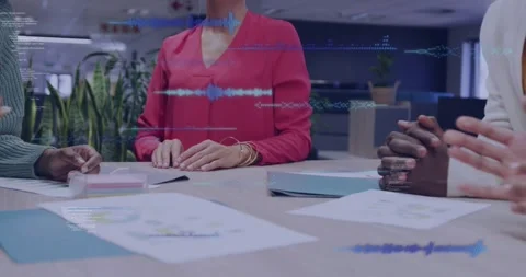 Left rep gesturing, office team stacking hands over charts, waveform hovering Stock Footage 329551536
