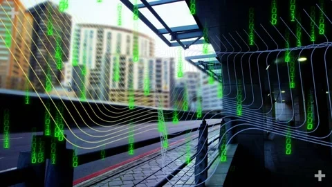 Left ribbon sparking grid on walk and rail, flowing, forming into wireframe Vídeos de archivo 331126154