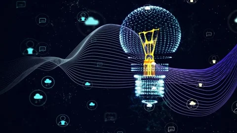 Left ribbons coming and pulsing, starting blue bulb compacting while icons Stock Footage 335211532