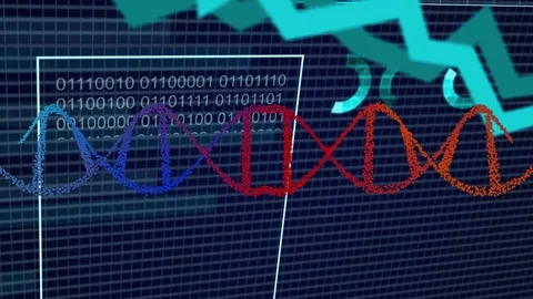 Left-right cam pan starting, colorful DNA helix shifting colors and revealing Stock Footage 334744339