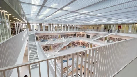 Left-to-right camera movement across the upper level of Stuttgart City Library Stock Footage 340148888