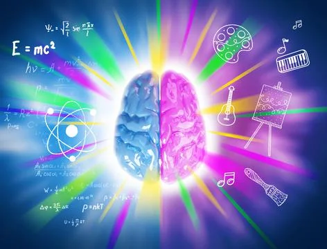 A left right human brain concept top view on a vivid blue background. Stock Illustration