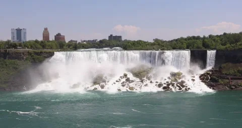 Left-to-right pan from American Falls and U.S. skyline to Horseshoe Falls curve. Stock Footage 320025379