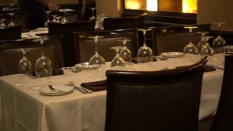 Left To Right Pan Closeup Of Table Settings With Place Settings Fine Dining Stock Footage 126240431