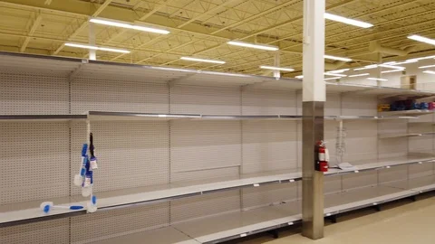 Left To Right Pan Half Empty Store Shelves Of Detegerent To Empty Toilet Pap Stock Footage 126616601