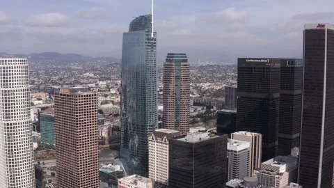 Left to Right pan over Downtown Los Angeles skyline aerial footage Stock Footage 148404497
