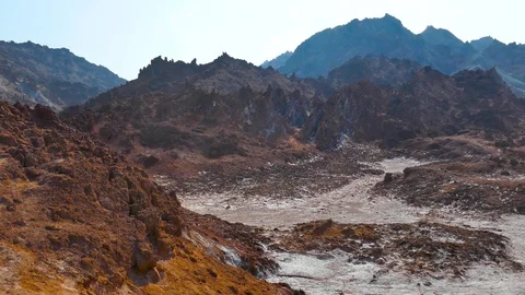 Left to right pan over stunning scenery colorful rainbow mountains with blue sky Stock Footage 111681086