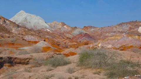 Left to right pan over stunning scenery colorful rainbow mountains with blue sky Stock Footage 111685289