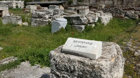 Left to right pan remaining of Hadrian's Library create by Roman Emperor Hadrian Stock Footage 129412506