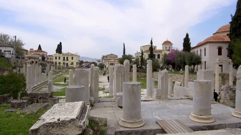 Left to right pan slowly around ruins of Hadrian's Library in Athens Greece Stock Footage 92438335