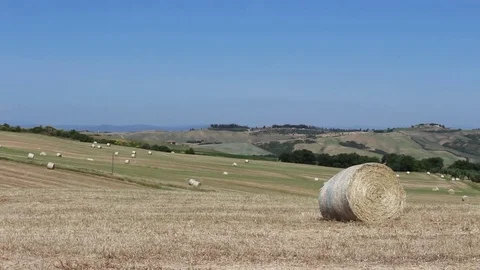 Left-right pan view of a field full of grain bales in the Tuscany countryside Stock Footage 76593177