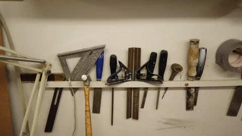 Left Right Panorama Of Tools Hanging On Wall In Workshop Workbench Stock Footage 121588618