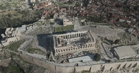Left to Right Panoramic Drone Flyover Above the Acropolis in Athens, Greece Stock Footage 344005177
